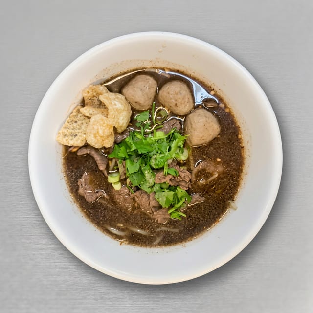 Boat Noodles with Beef and Meatballs.